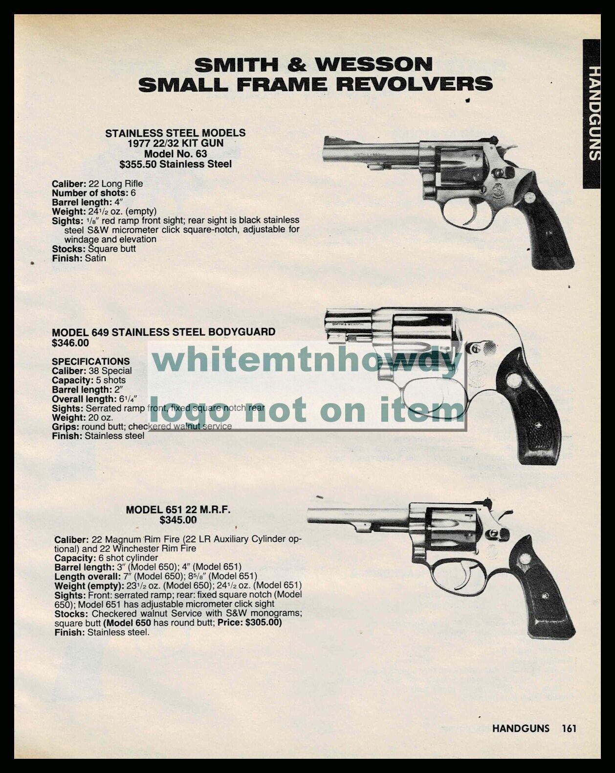 1987 SMITH & WESSON Model 63, 649, 651 Revolver PRINT AD with specs