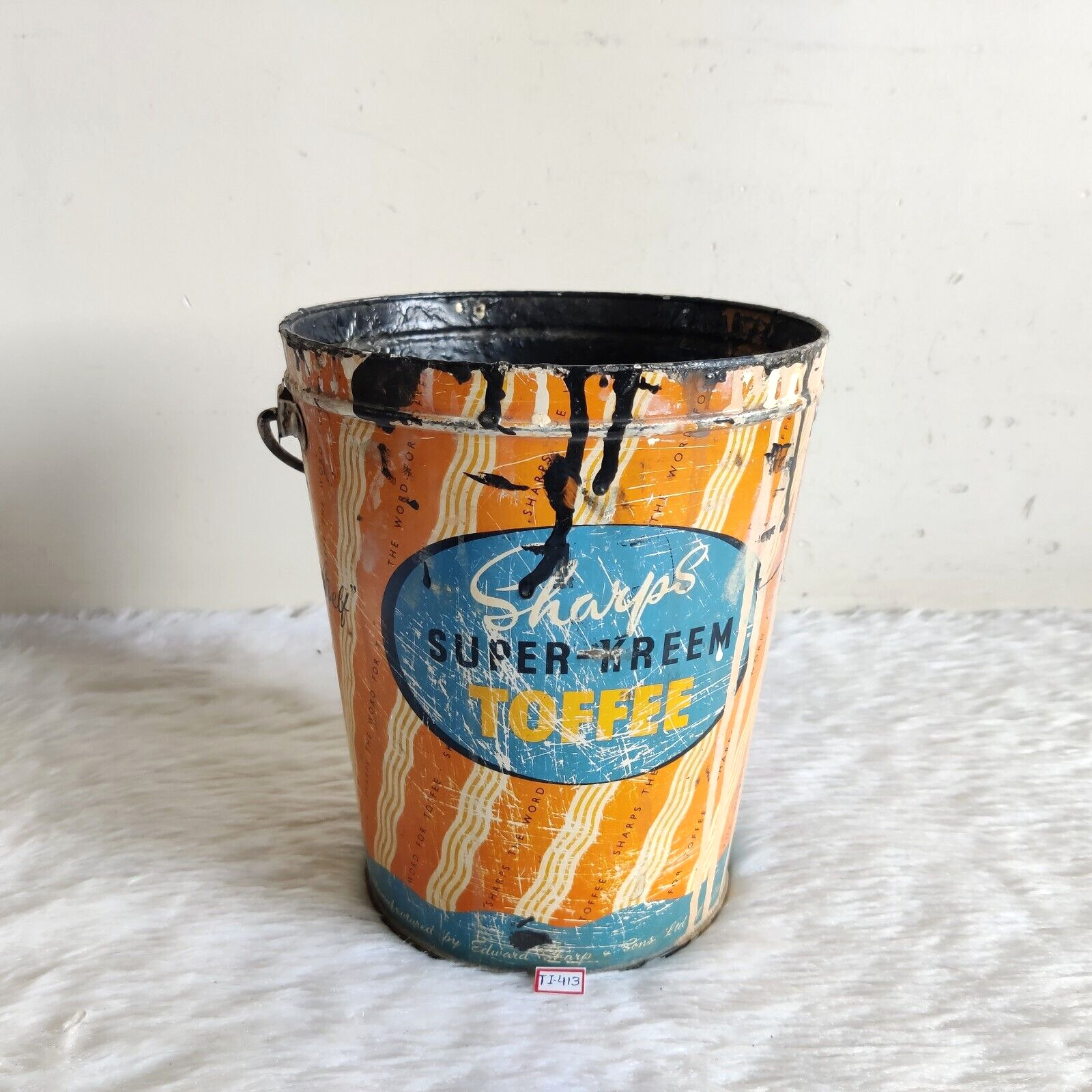 1950s Vintage Sharp's Super-Kreem Toffees Advertising Tin Bucket Big Size TI413