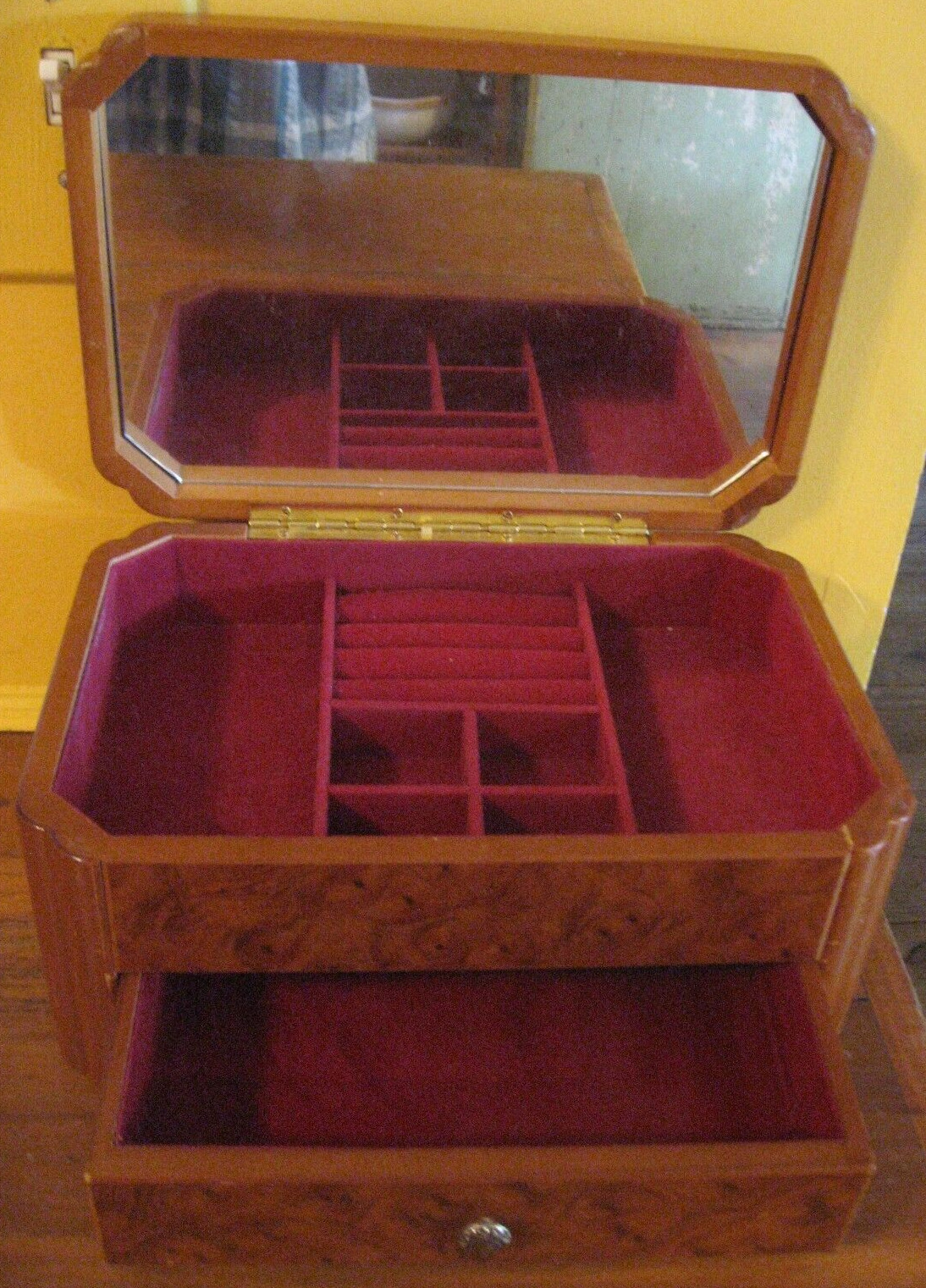 Vtg Mele Burl Wood Jewelry Box is a Gem Drawer•Mirror•10.5