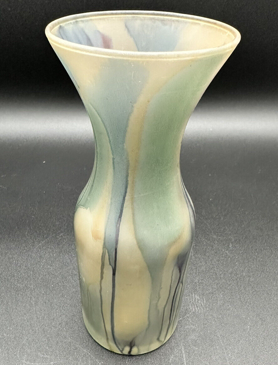 Vintage Rueven Glass Vase Art Nouveau Watercolor MultiColor Hand Painted 6.5”