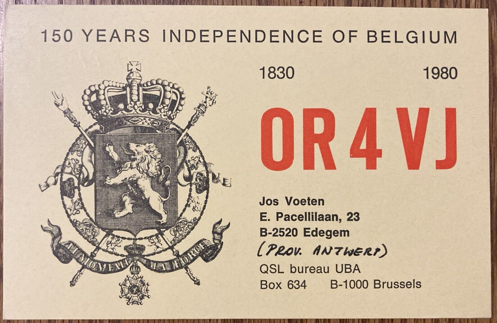 QSL Card  Edegem, Belgium - 150 Years of Independence - Jos Voeten  OR4JV - 1980