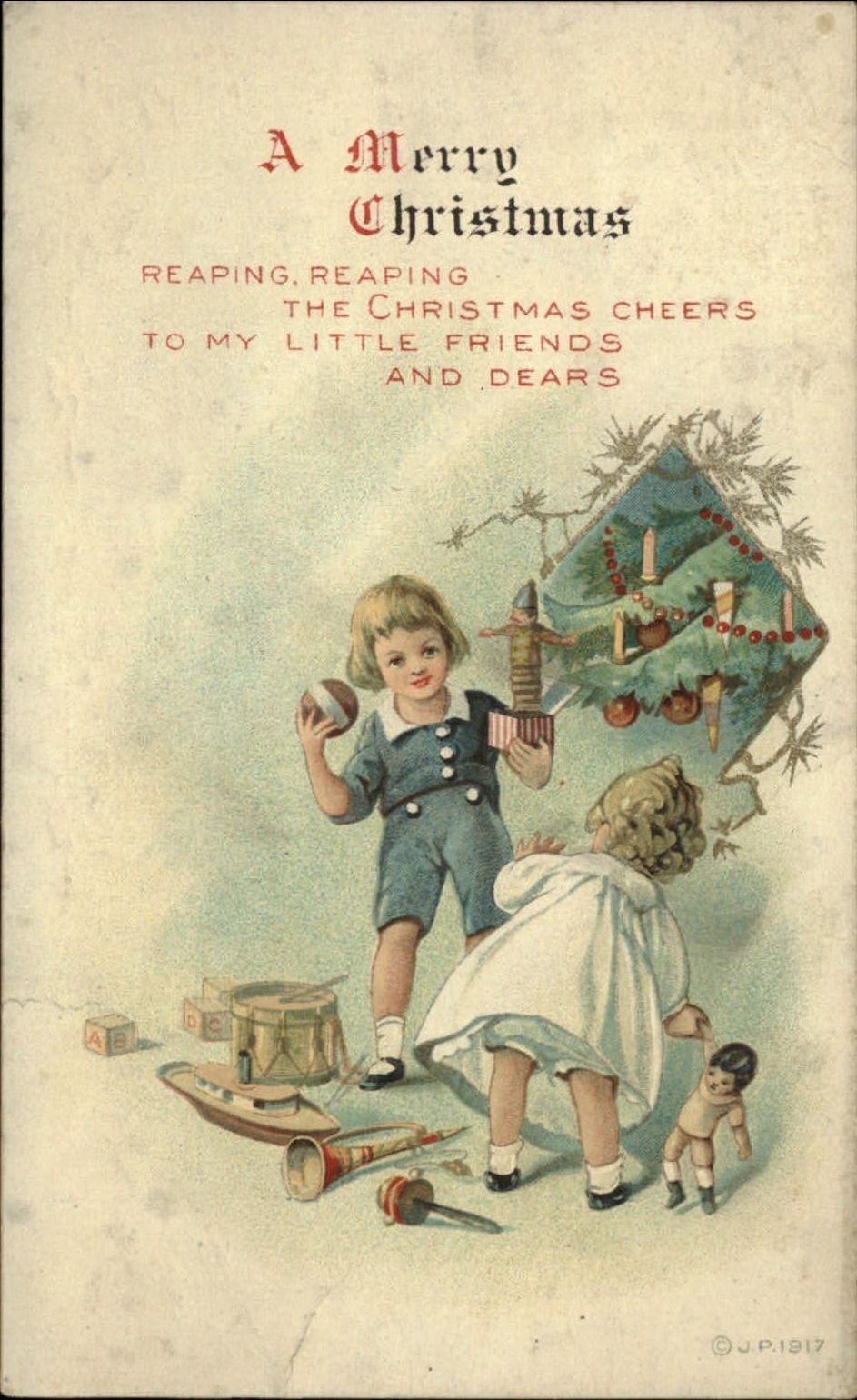 CHRISTMAS ~ children tree antique toys boat drum top ~ postcard sku347