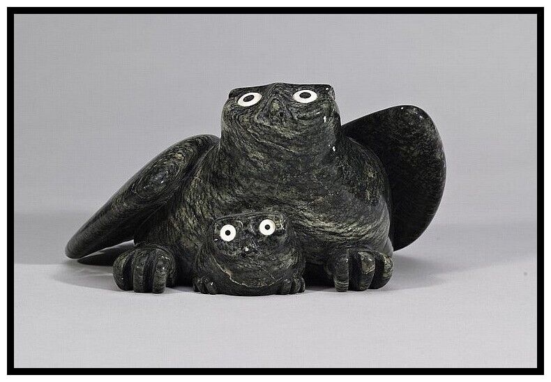 ✔️ Inuit Joanasie Manning (1967-) E7-1949 Cape Dorset Two Owls, Stone Carving
