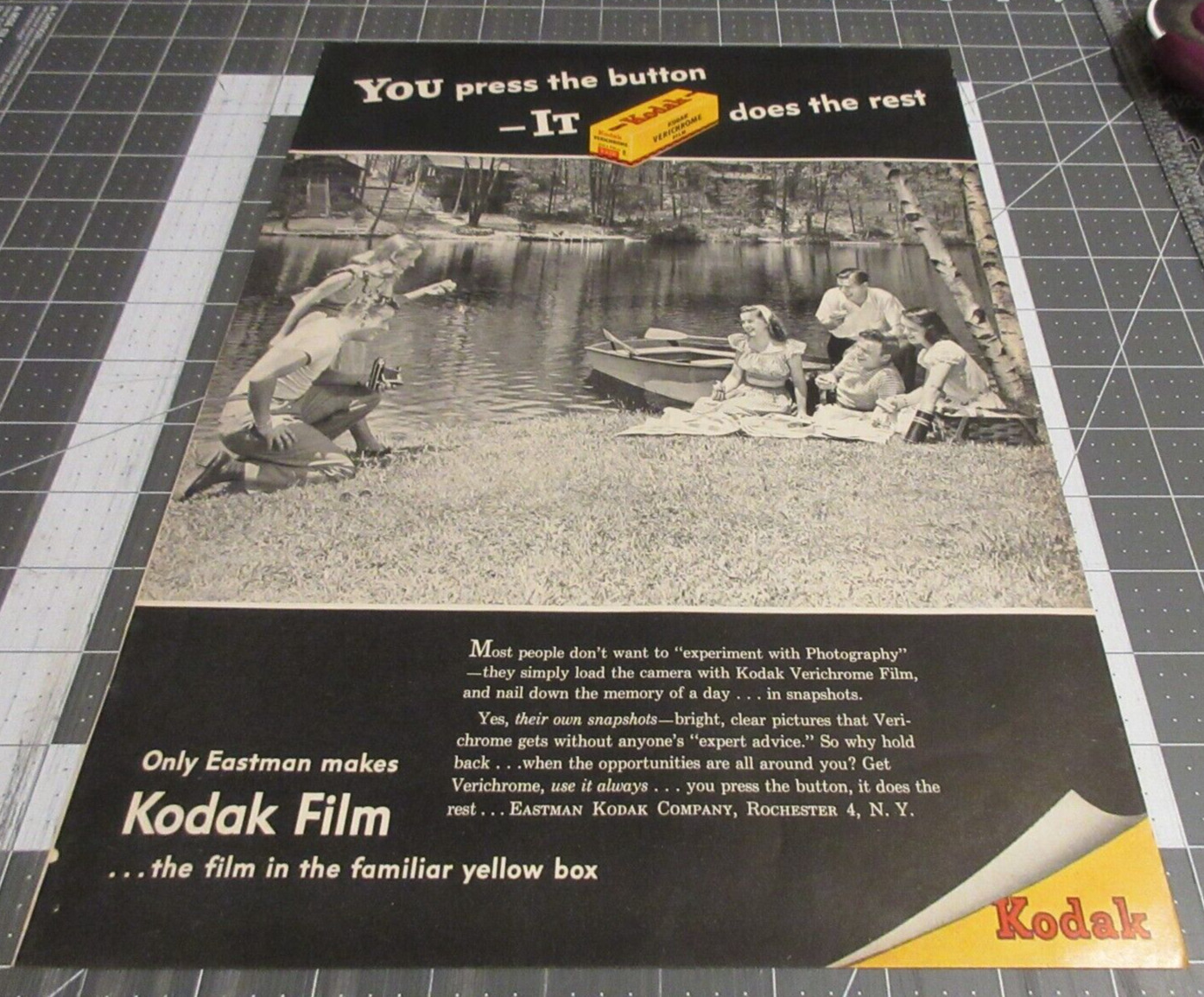 1947 Kodak Film, you press the button It does the Rest, Lake, Vintage Print Ad