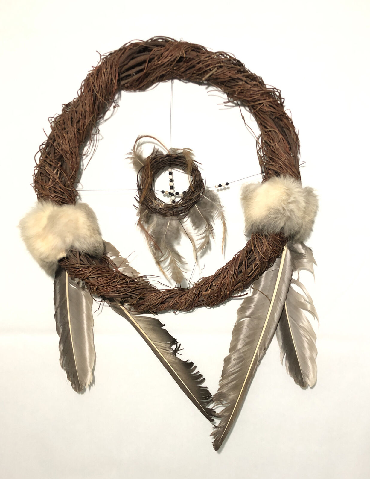 Native American Dream Catcher- Large 15” W/ Fur, Beads & Feathers.