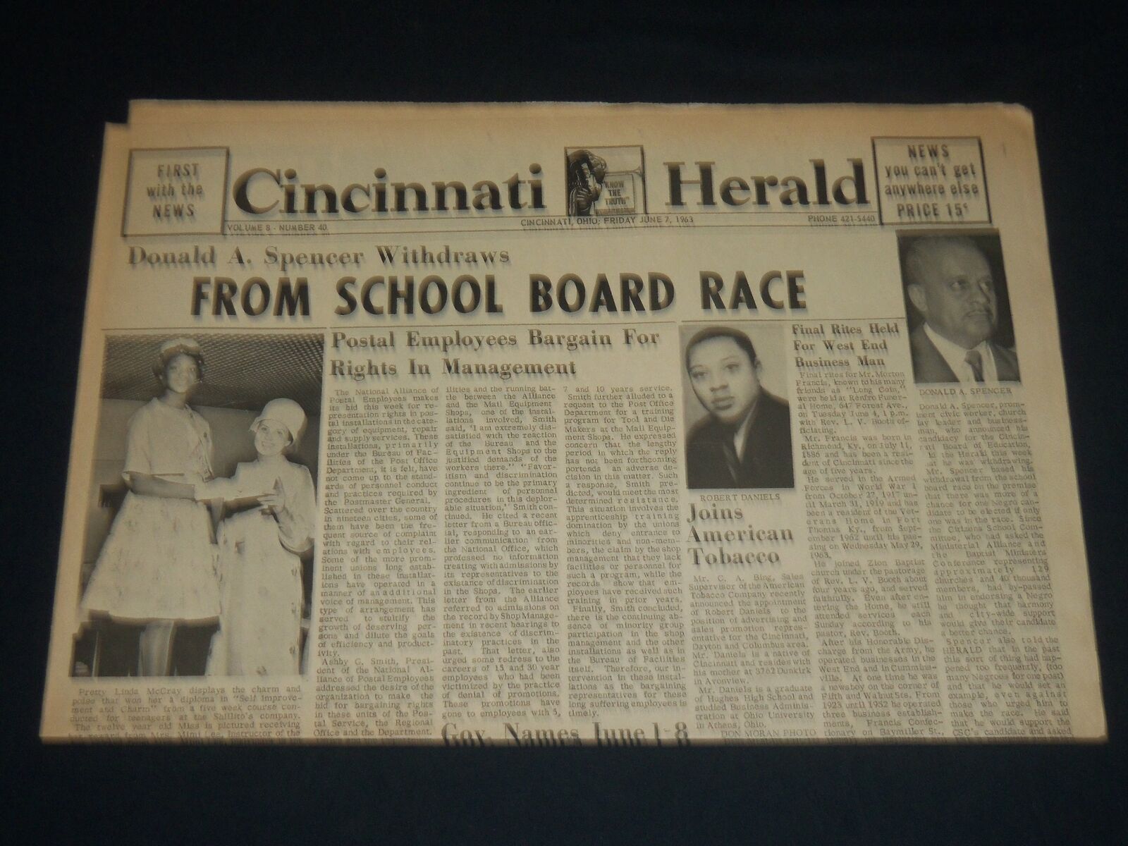 1963 JUNE 7 CINCINNATI HERALD NEWSPAPER - SPENCER WITHDRAWS FROM SCHOOL- NP 4408