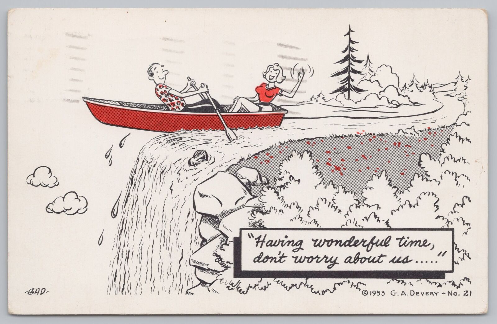 Comics~Couple About to Go Off Waterfall~Don’t Worry Bout Us~Vintage Postcard