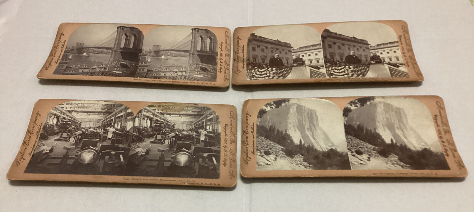 Lot Four (4) Keystone View Cards Brooklyn Bridge Yosemite Navy Yard McKinley