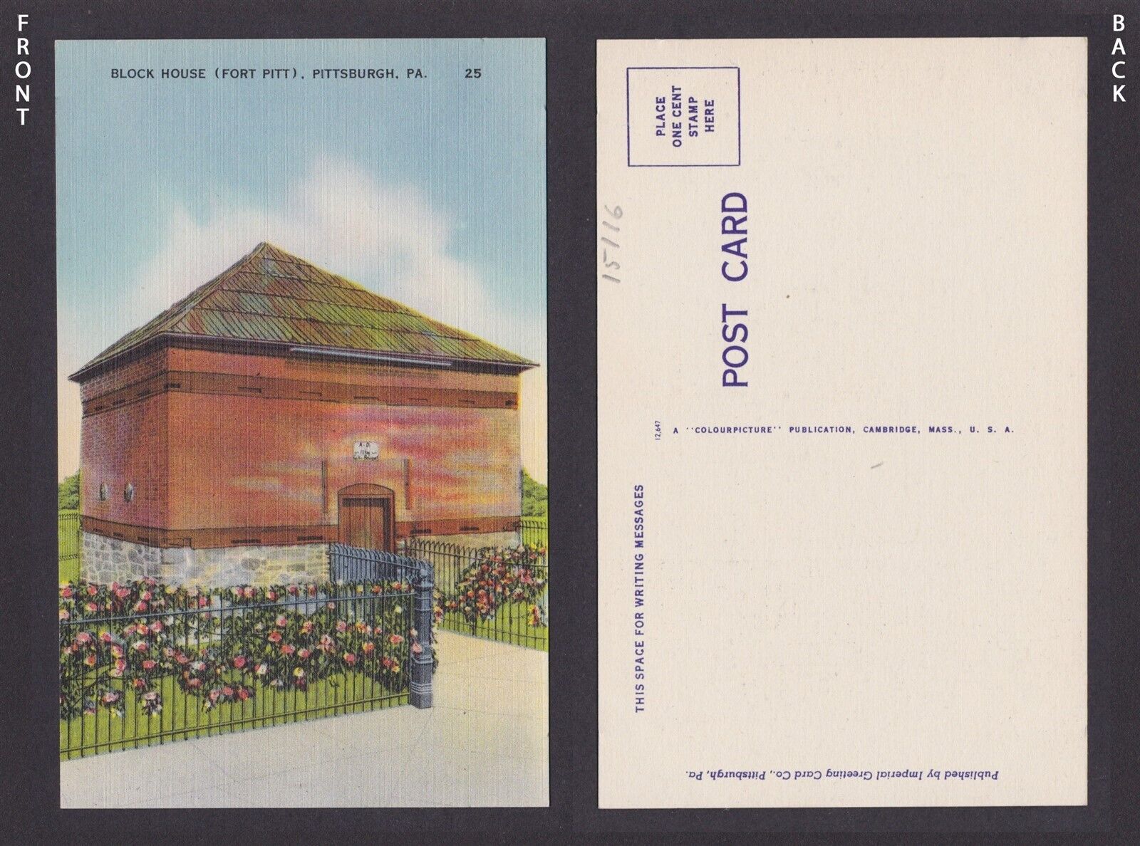 Postcard, United States, Pittsburgh PA, Block House, Fort Pitt