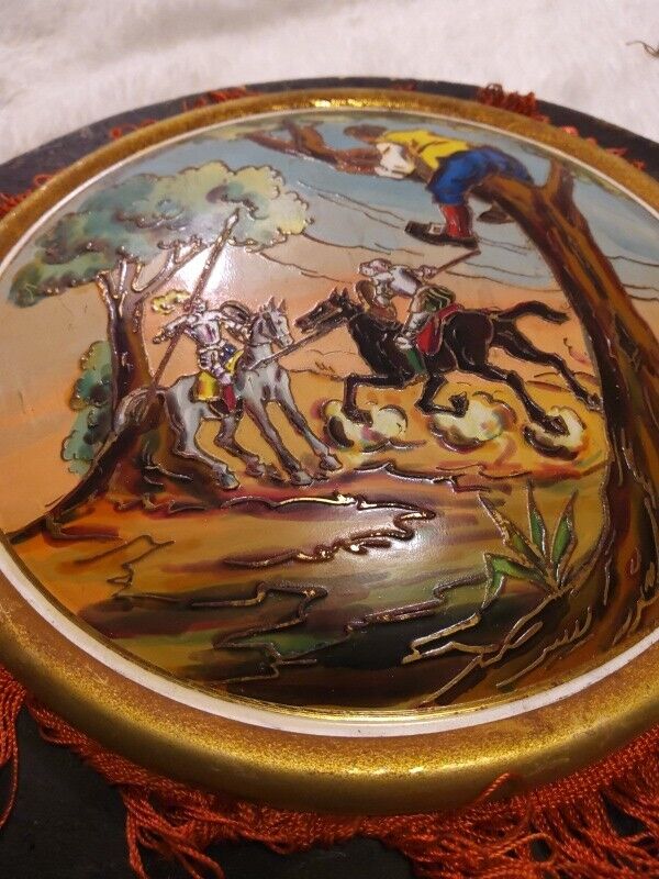 Vintage Excalibur Fighting Jousters Medieval Painted Plaque