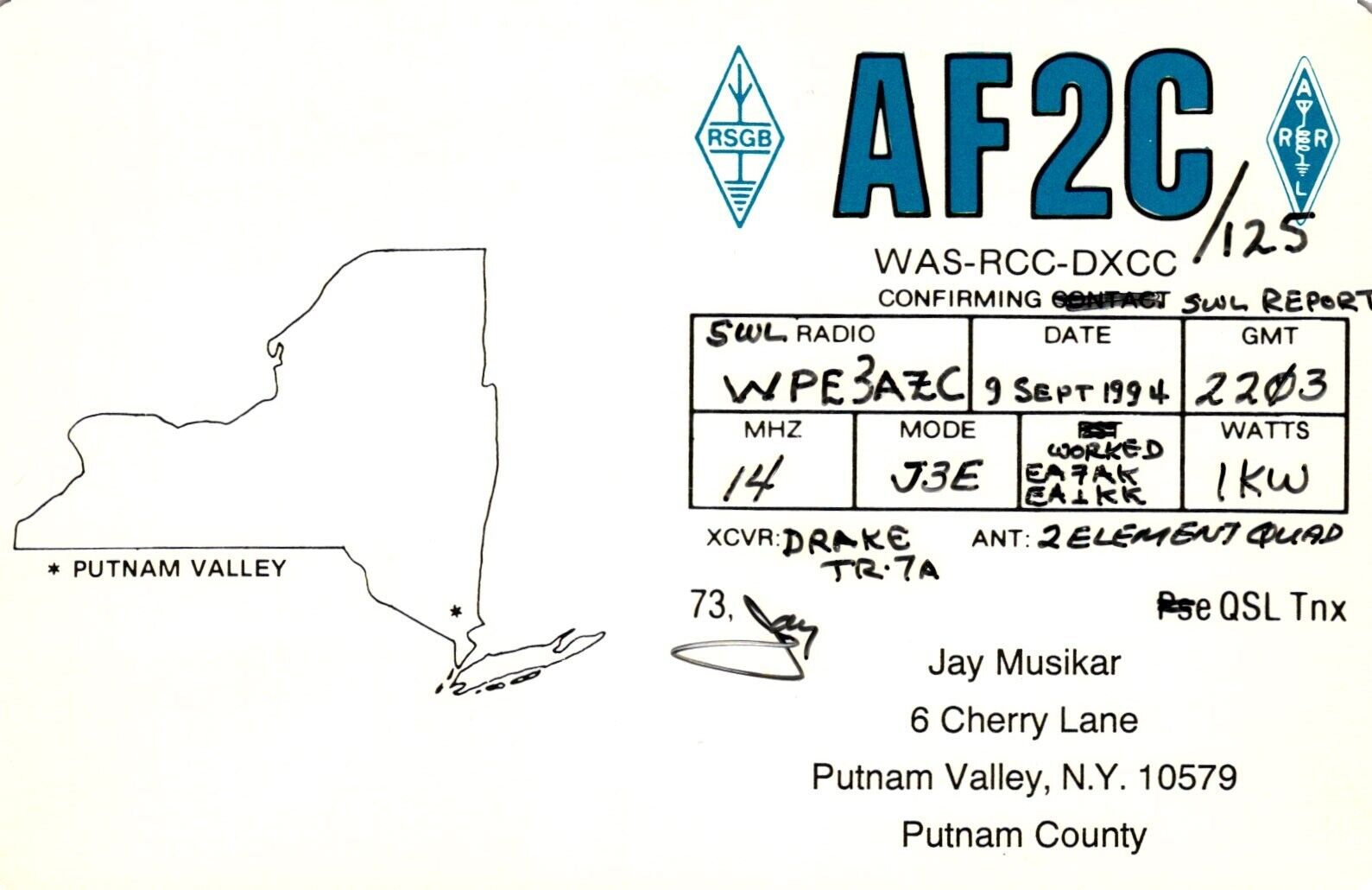 Putnam Valley New York AF2C QSL Radio Postcard