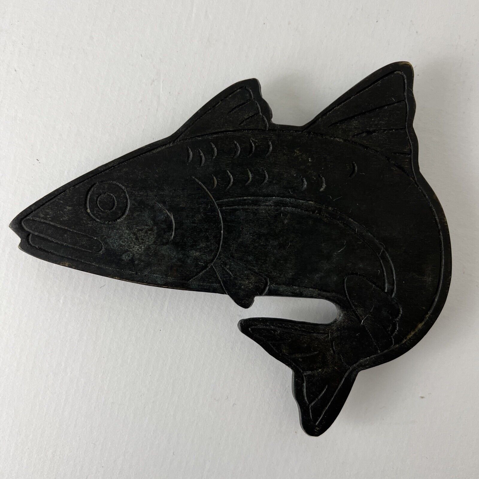 Native Tribal Fish Trivet Heavy Metal Black 7”x6” Inuit?
