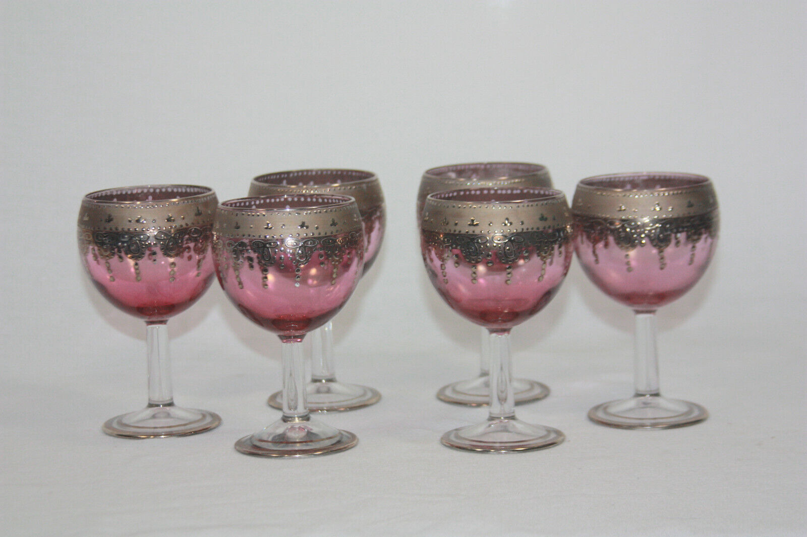 6 Vintage Bohemian Venetian Wine Glasses Cranberry Fade Silver Trim NS SN