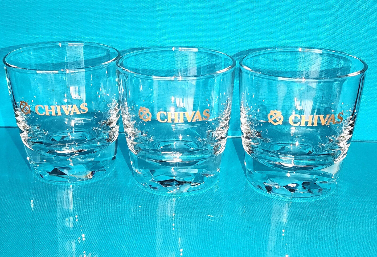 Set of (3) Chivas Regal Scotch Whiskey HEAVY Glasses Tumblers w/ Gold Lettering