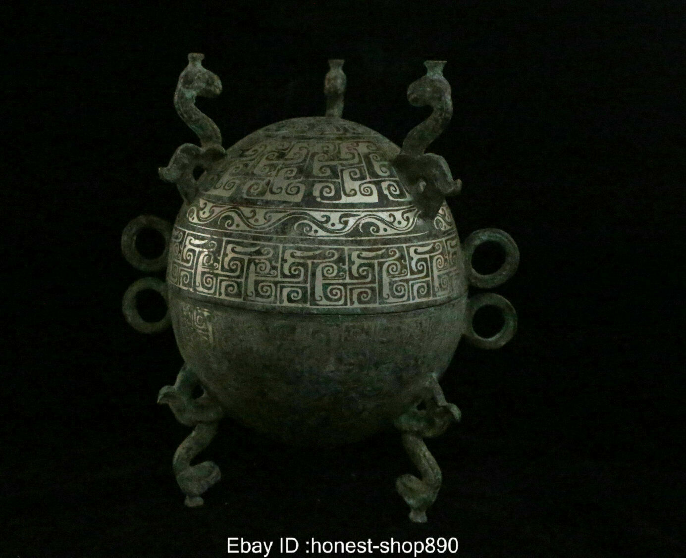 Old China Antique Bronze Ware Silver Dynasty Beast Tank Crock Statue Sculpture