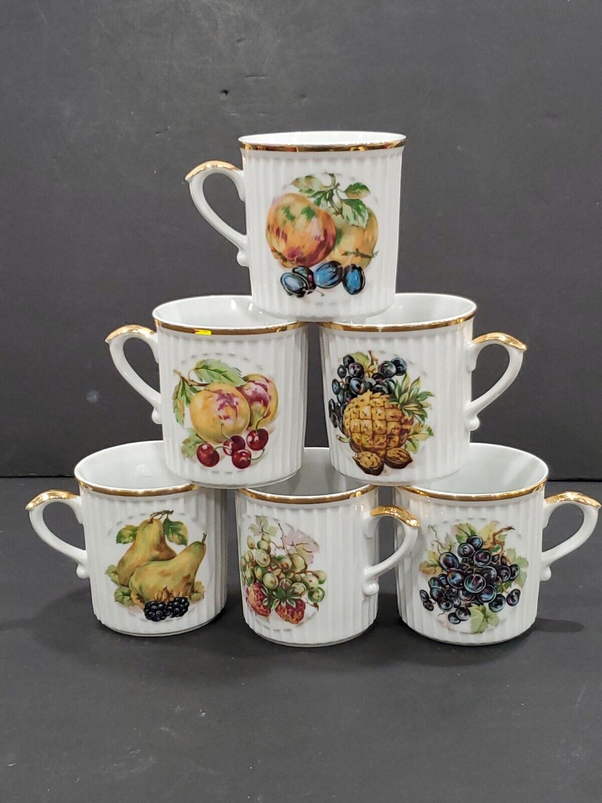 Lovely vintage 6 mugs, with a delightful fruit themed pattern. Czechoslovakia. 