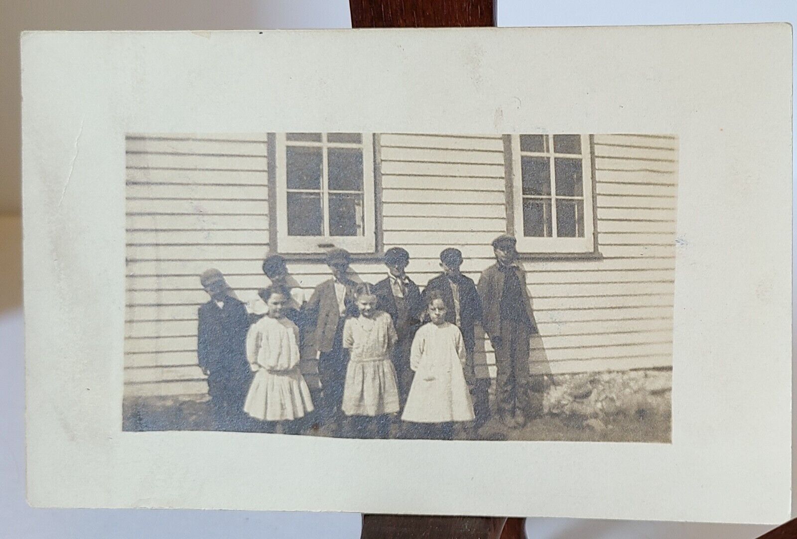 Vintage Real Photo Postcard Group of Children by Building Unmailed