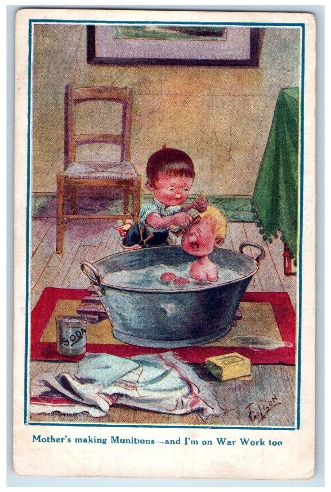 c1910\'s Mother Making Munitions Children Bathing Soda Gilson WWI Postcard