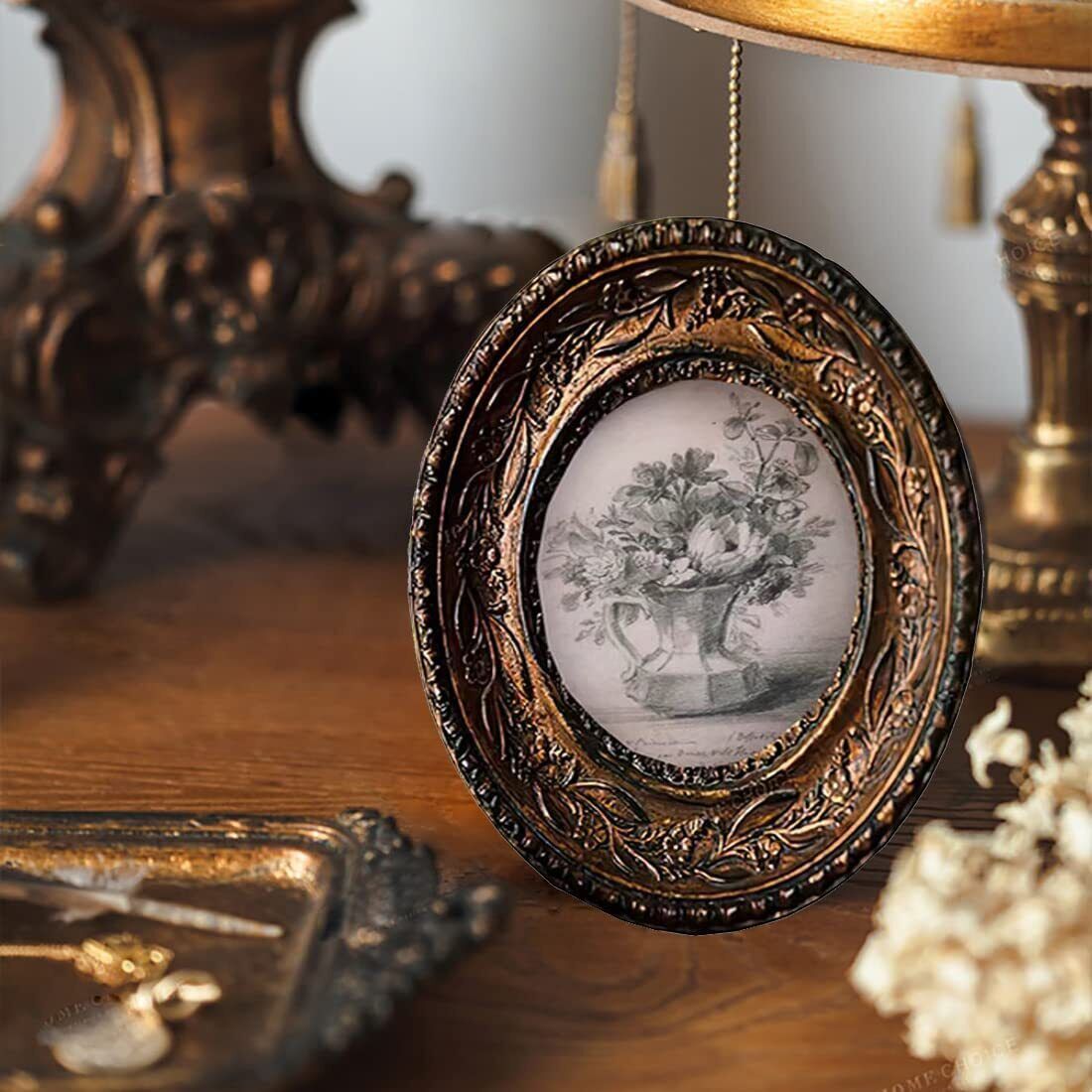 Photo Frame Small Style Vintage 2.5×3.5 Oval Picture Resin Ornate Bronze Color