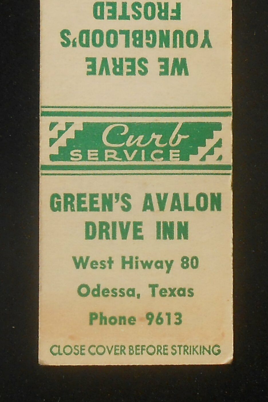 1940s Green\'s Avalon Drive Inn Youngblood\'s Frosted Fryers Phone 9613 Odessa TX