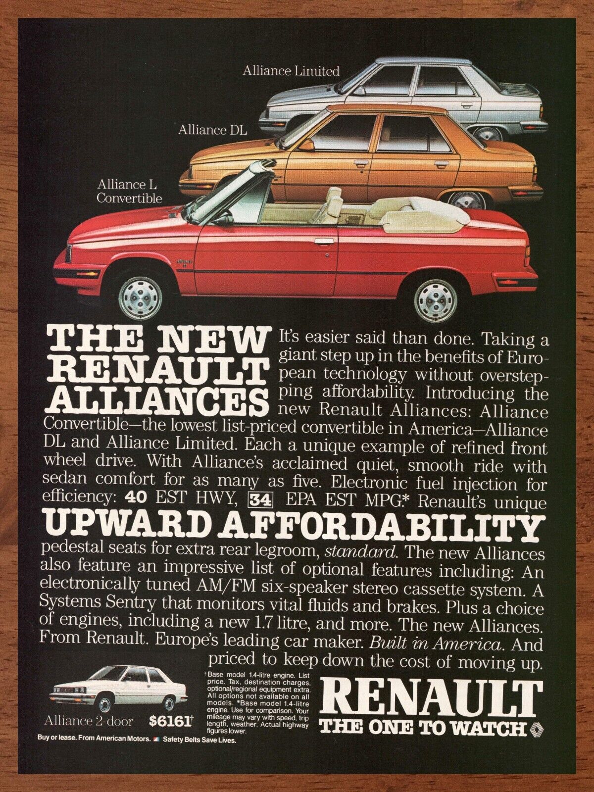 1984 Renault Alliance Vintage Print Ad/Poster Classic Car Man Cave Wall Art 80s