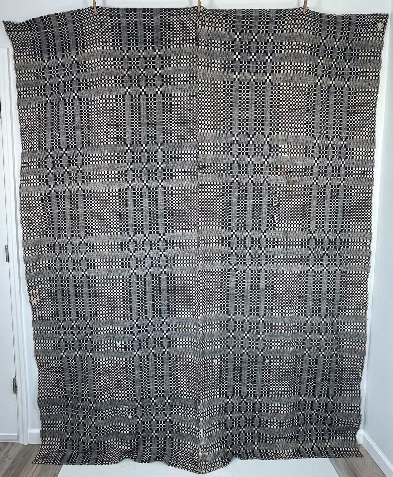 Antique Woven Wool & Linen Indigo Blue Cream Coverlet Bedspread 2 Panel 91\