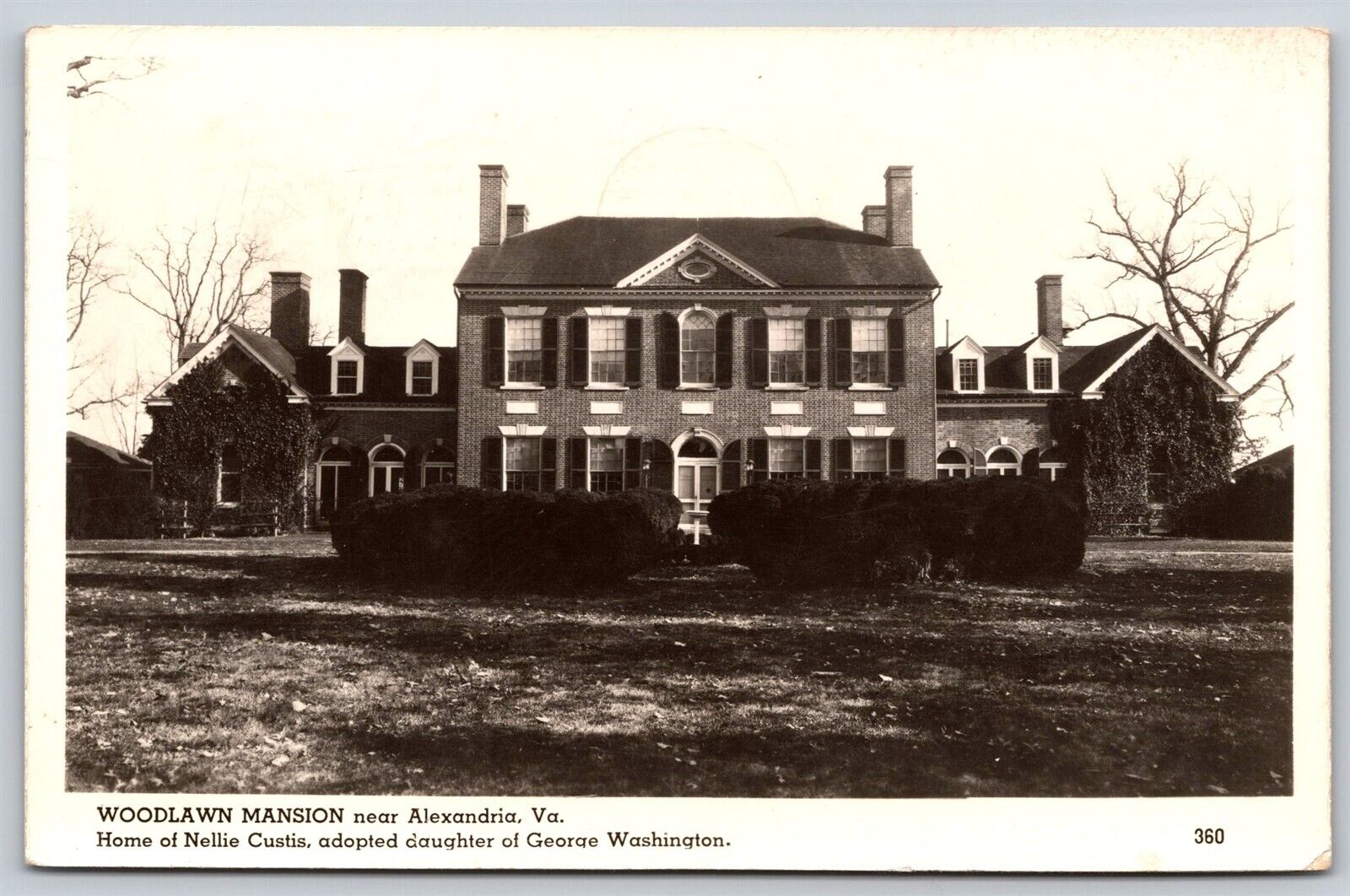 Postcard Woodlawn Mansion near Alexandria, Virginia Nellie Custis RPPC C57