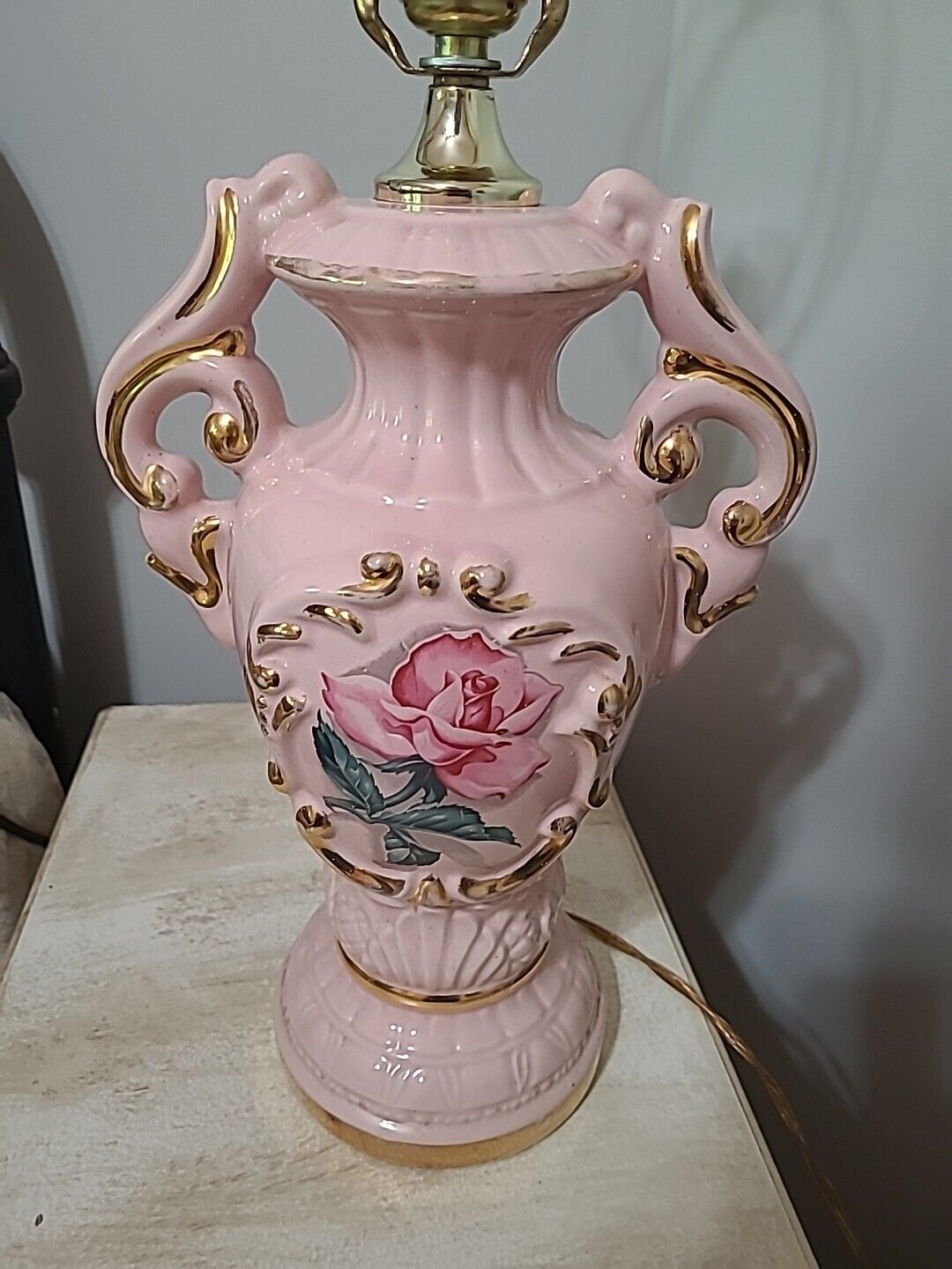 Vintage Pink Rose Lamp Victorian Style Tabletop Floral Lamp Gold Details 