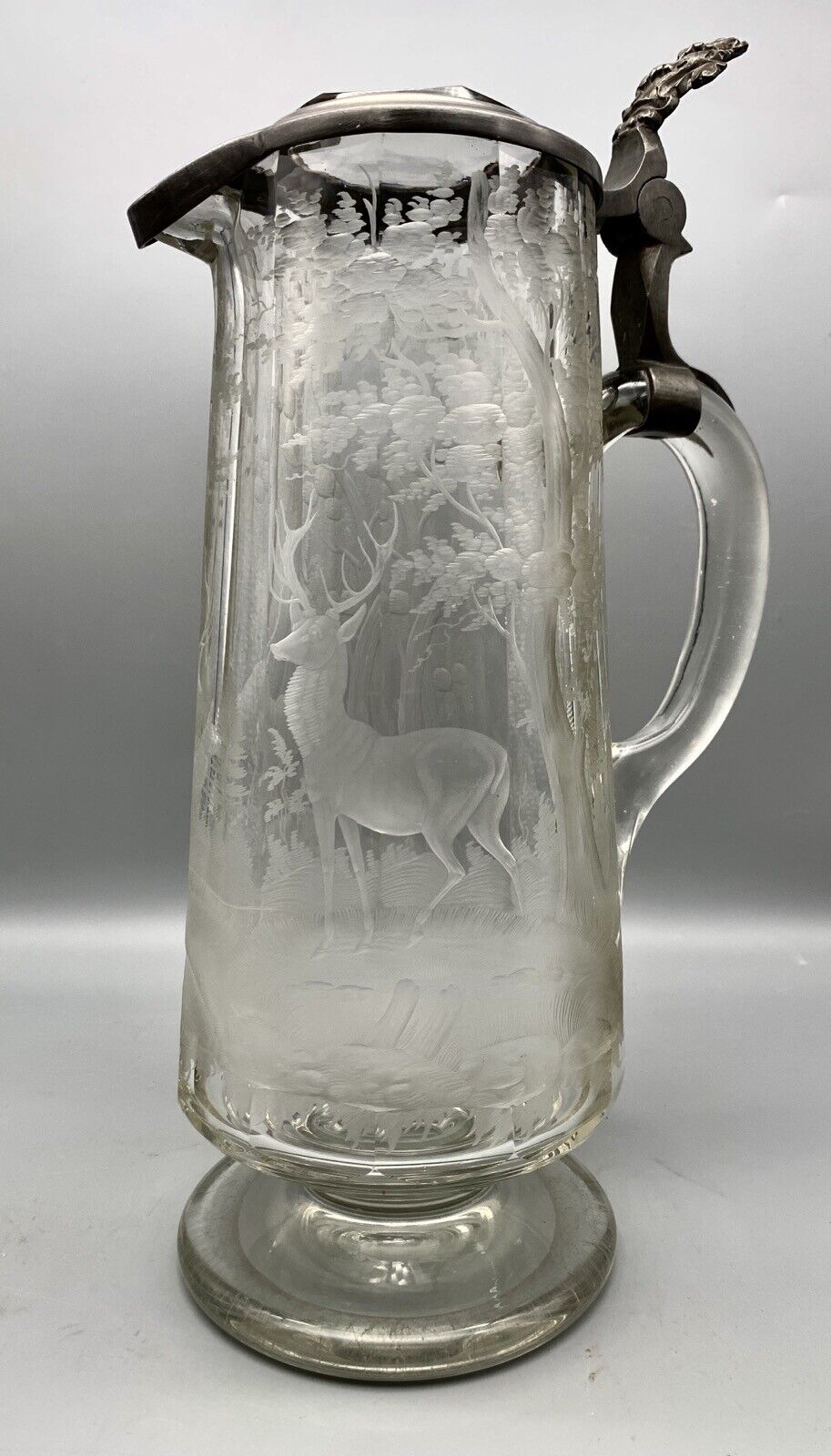 Huge fine cut engraving 2 STAG Deer faceted Hunting Hunter Glass Beer Stein 1870