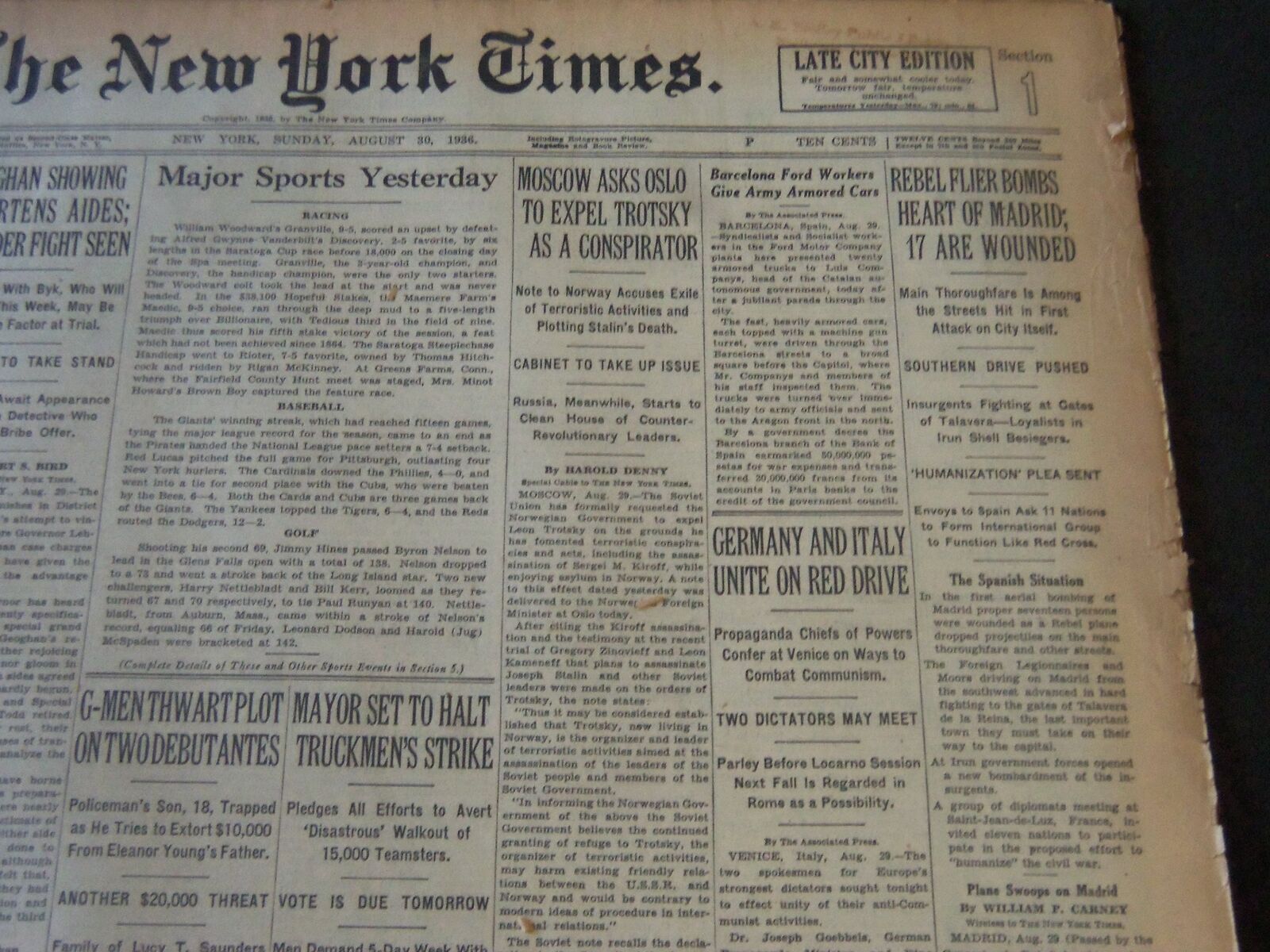 1936 AUGUST 30 NEW YORK TIMES - REBEL FLIER BOMBS HEART OF MADRID - NT 6718