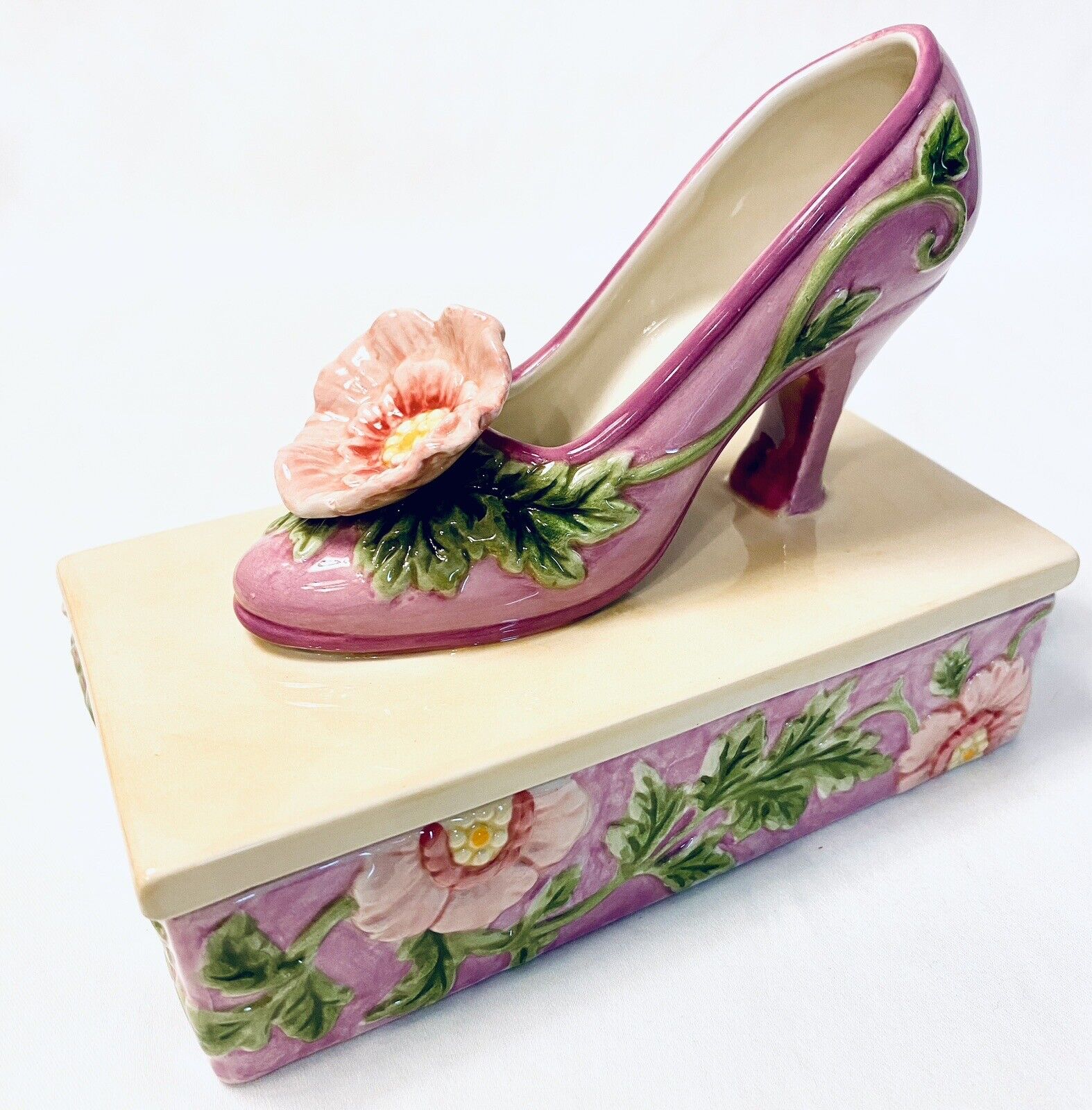 VTG Fitz and Floyd Floral Ceramic 3D Slipper High Heel Shoe Trinket Box Pink