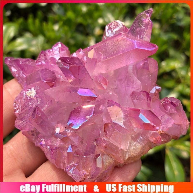 100g Natural Aura Pink Titanium Quartz Crystal Cluster Geode Specimens Healing