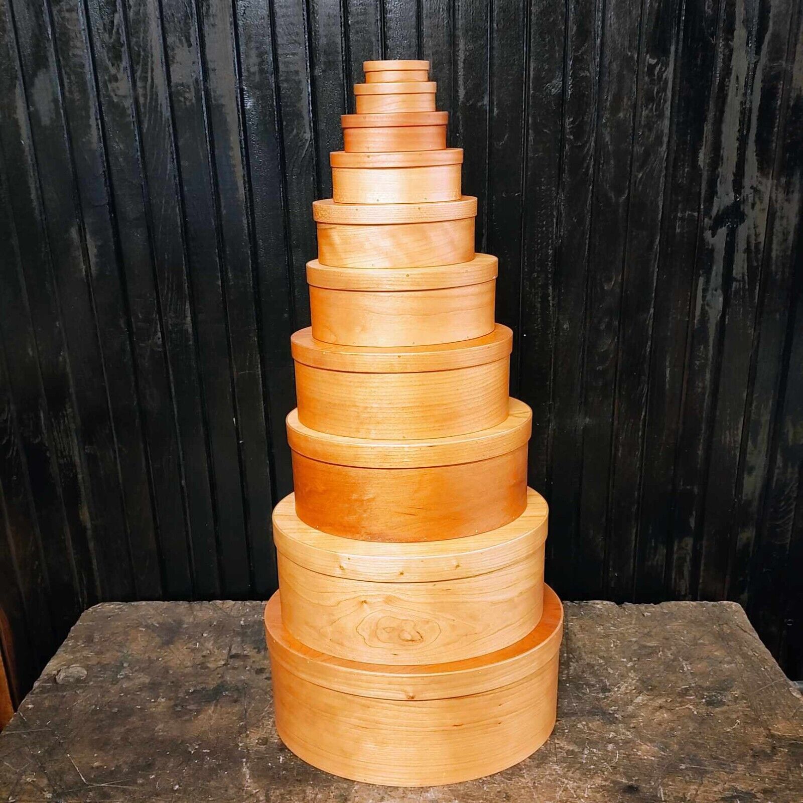 Vintage Oval Shaker Box Set Of 10 Cherry Wood And Signed By Steve Costain 2019