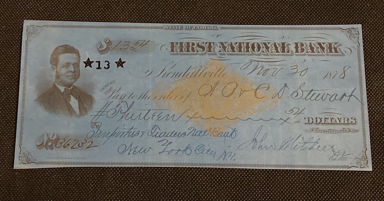 FIRST NATIONAL BANK OF KENDALLVILLE, INDIANA 1878 USED CHECK ON BLUE PAPER