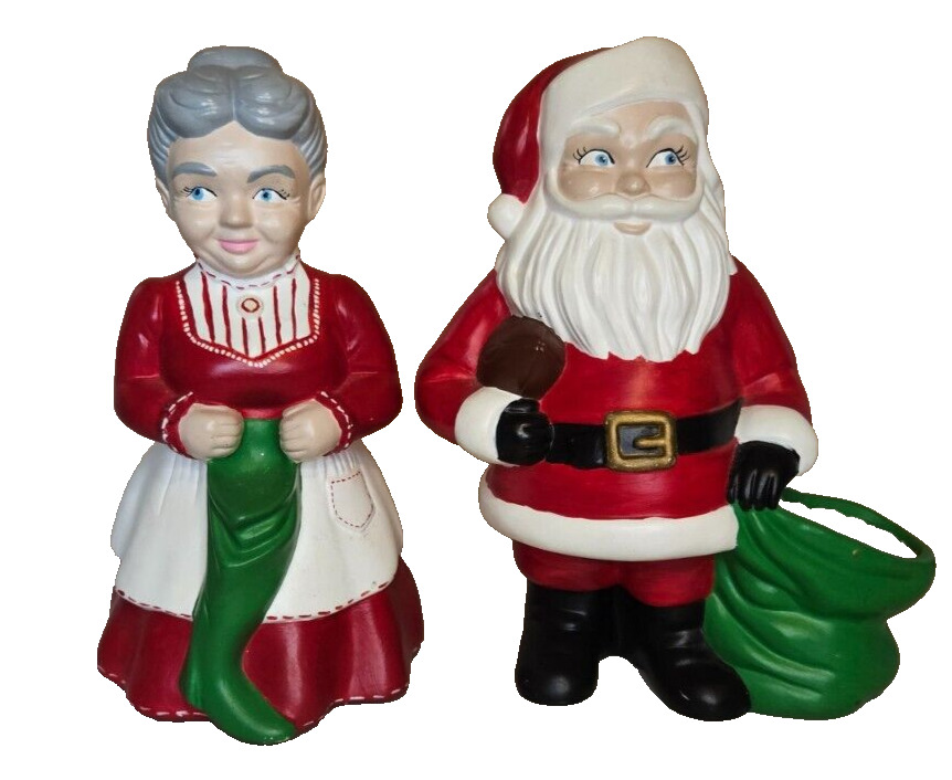 Vintage Christmas Mr & Mrs Santa Claus 1970\'s Ceramic Figures Figurine Football