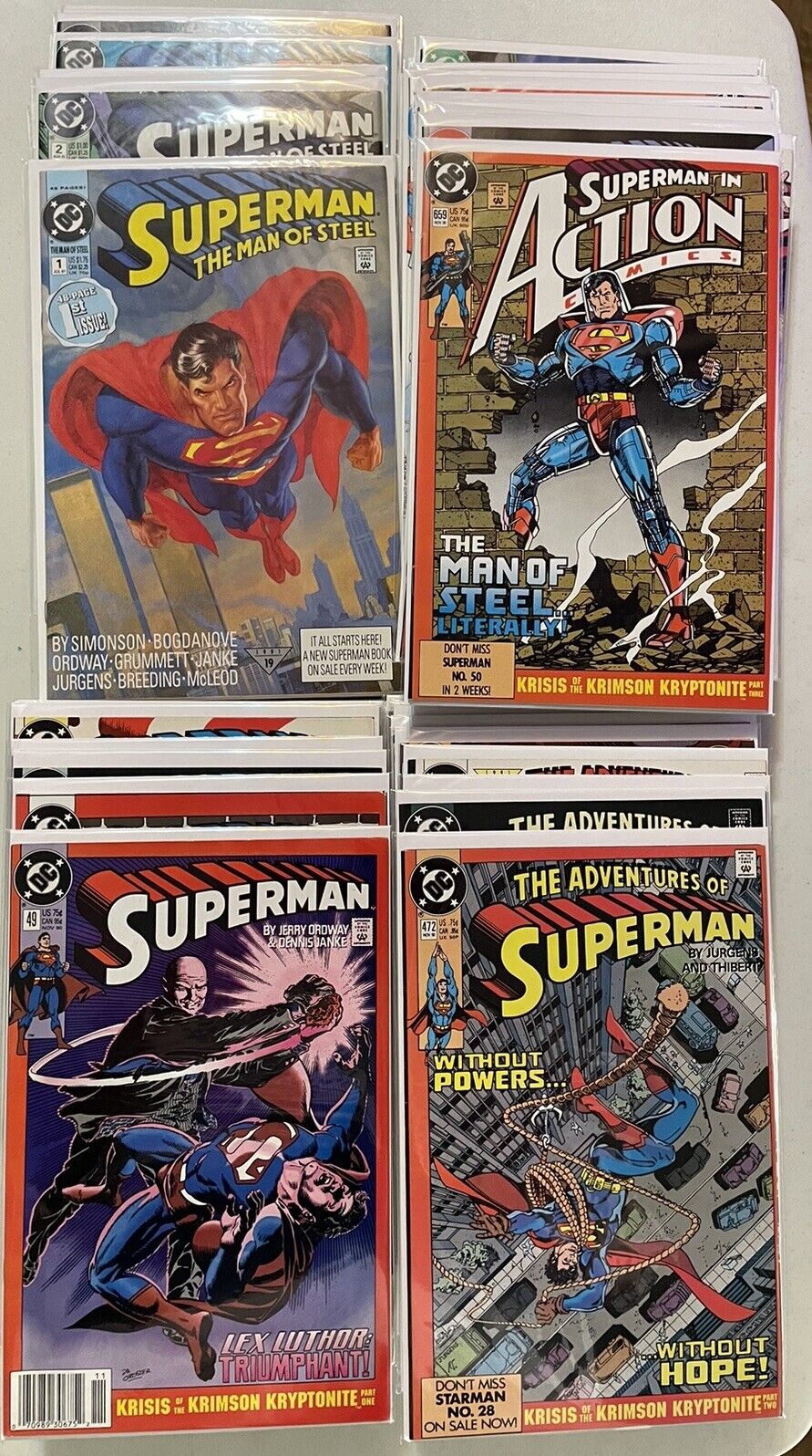 Huge Superman Lot: Action 659-673, Adventures 472-486, Superman 49-64, MOS 1-8