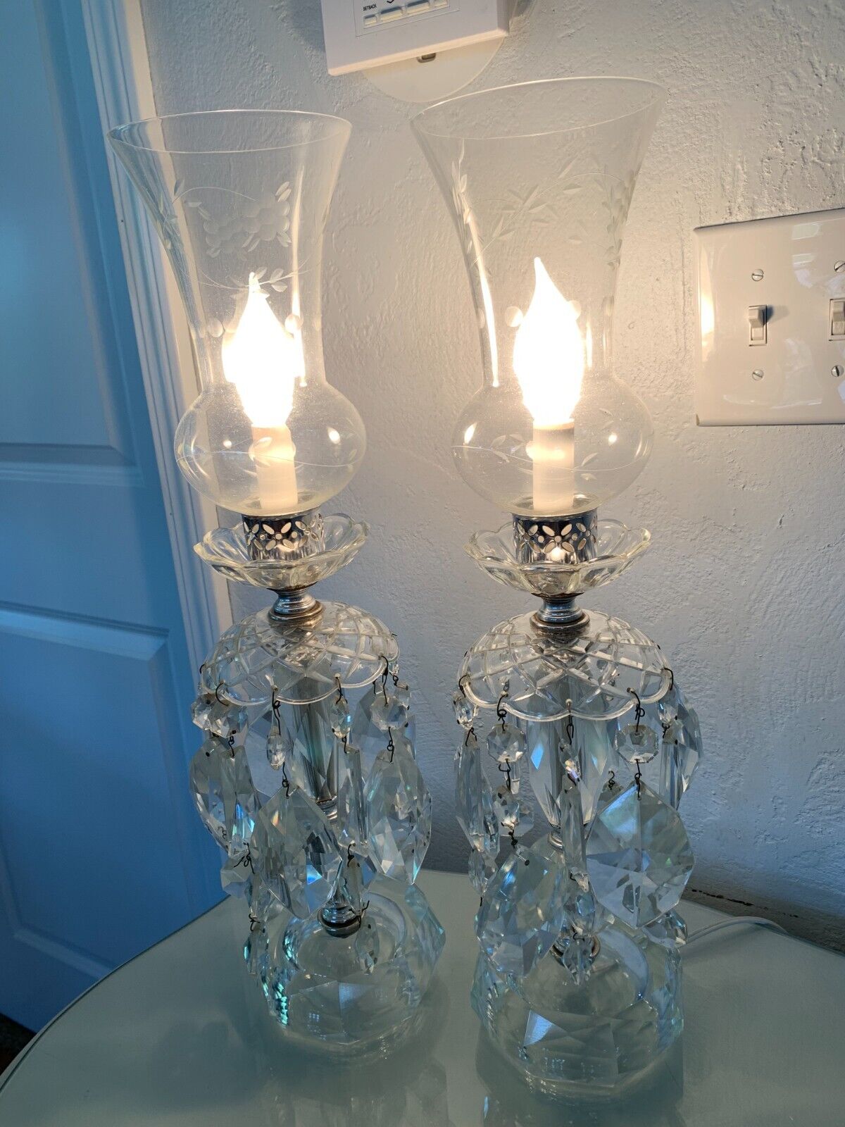 Pair Antique Cut Crystal & Glass Electrified Lamps w/ Delicately Etched Shades