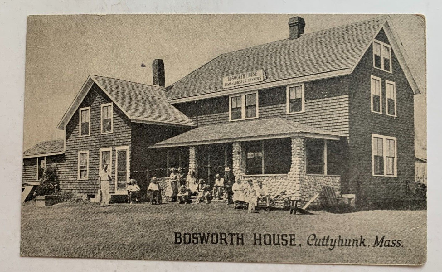 1938 MA Postcard Massachusetts Cuttyhunk Island Bosworth House restaurant people