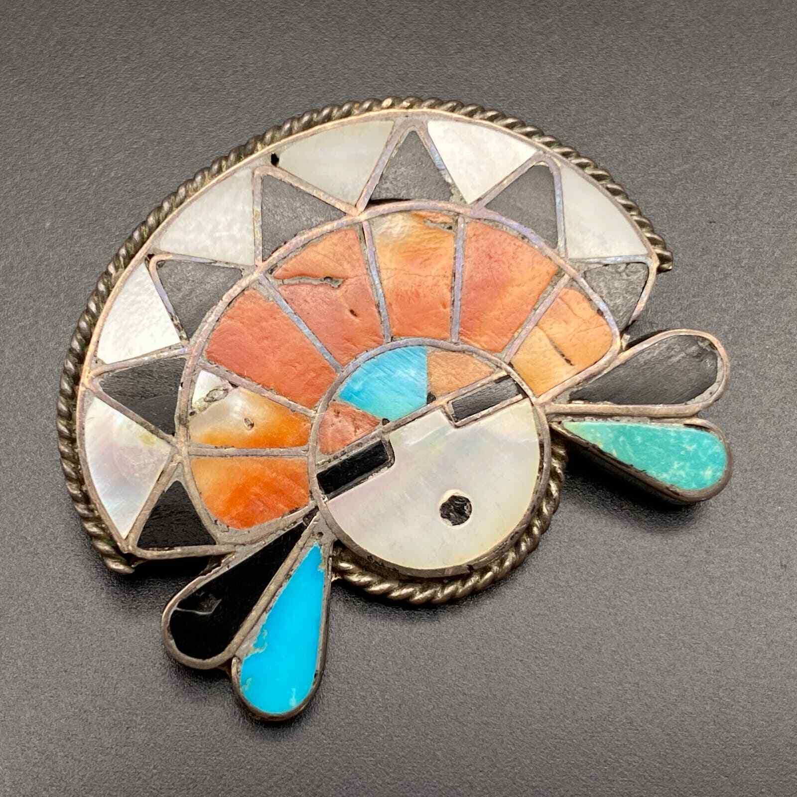 Vintage Zuni Native Kachina Turquoise Coral MOP Silver Pin Brooch