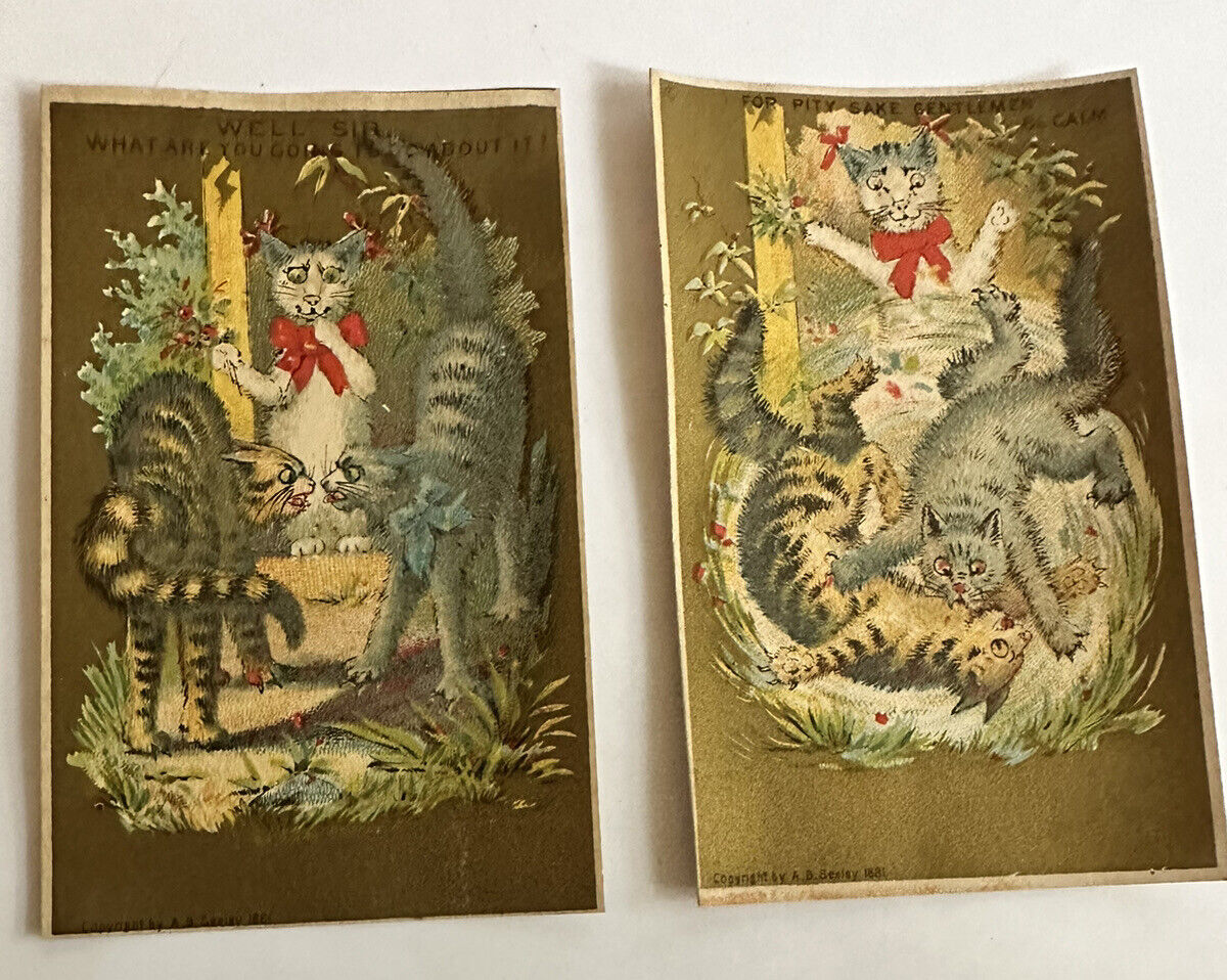VICTORIAN TRADE CARD SET of 2 A B Seeley 1881 Cats Hissing Fighting B-1