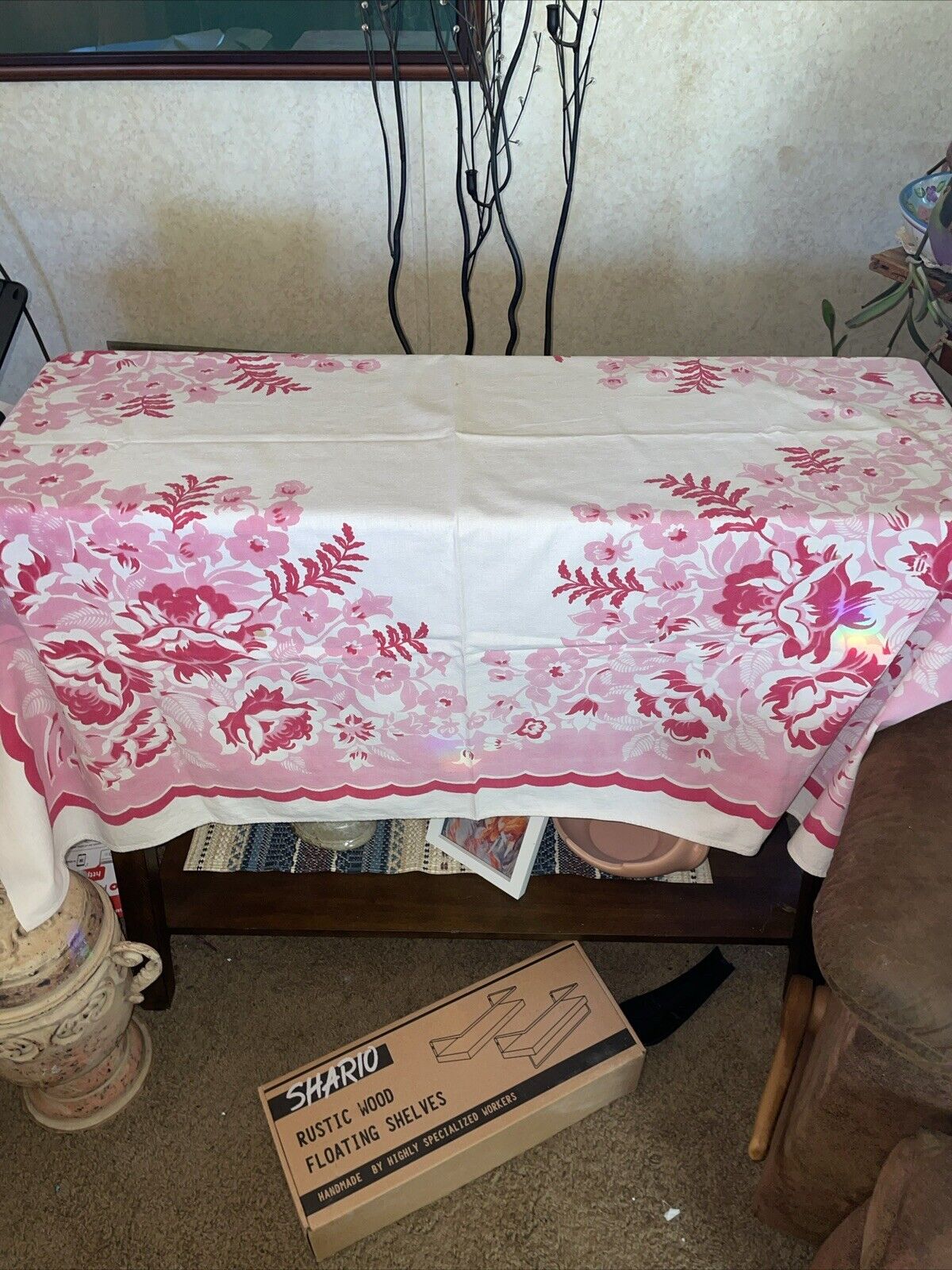 Vintage Linen Floral Tablecloth 52x42”  Small Distress On Edge