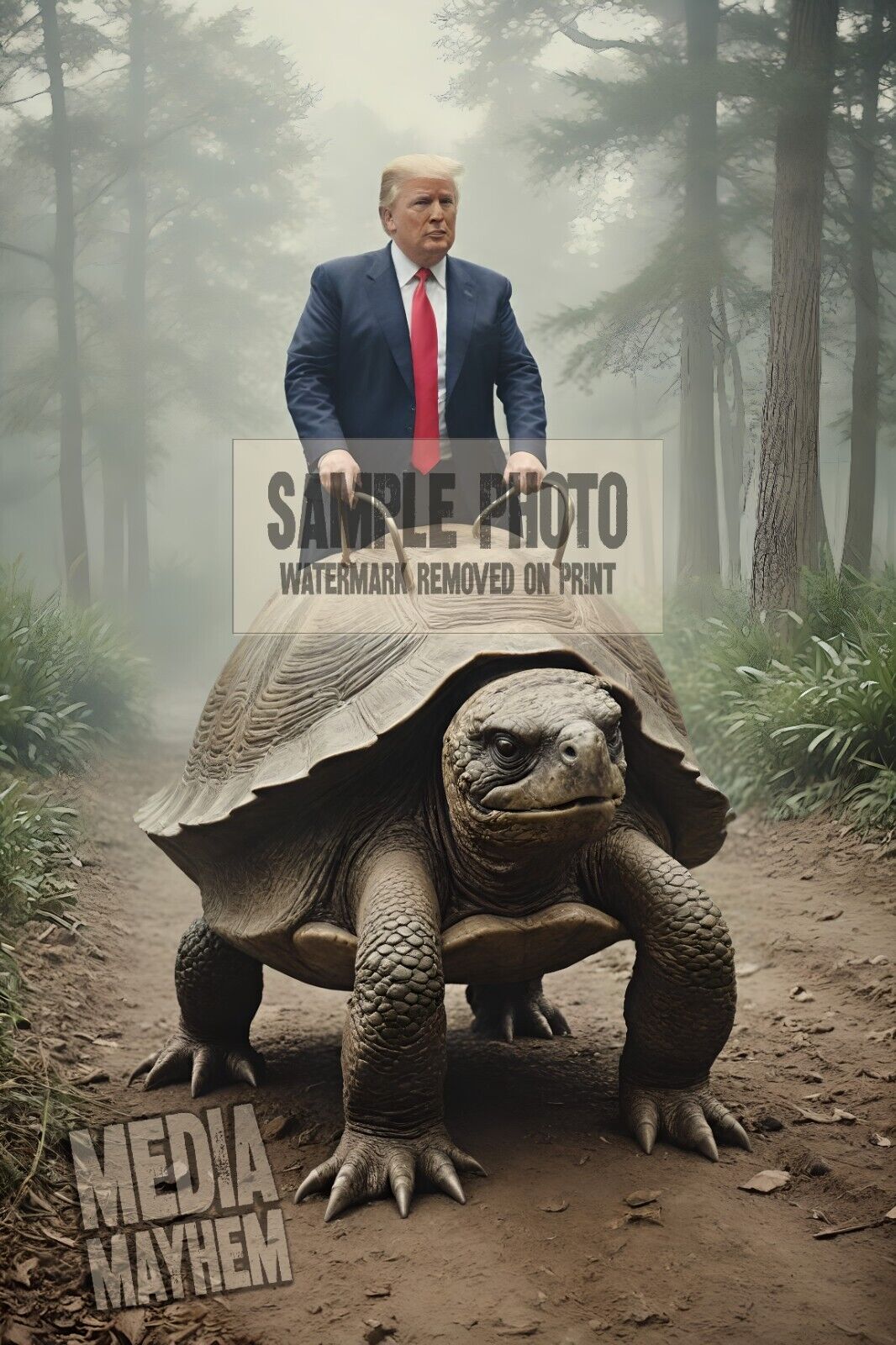 Donald Trump riding large Turtle in Forest Art Print 4x6 Trump Photo #100