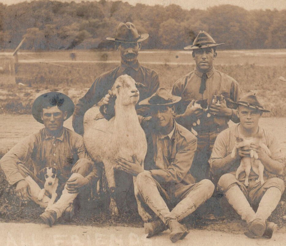 WWI Fort Meyer Virginia Puppy Kitten Goat Soldier Friends Real Photo Postcard