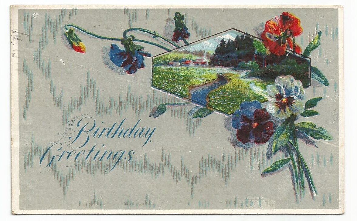 Birthday Greetings Postcard Scenic Floral c1910 North Adams MA