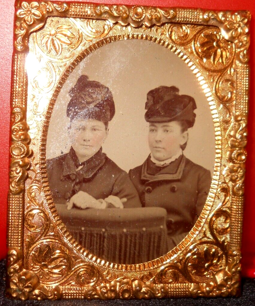1/9th Size Tintype of two sisters in brass mat/frame