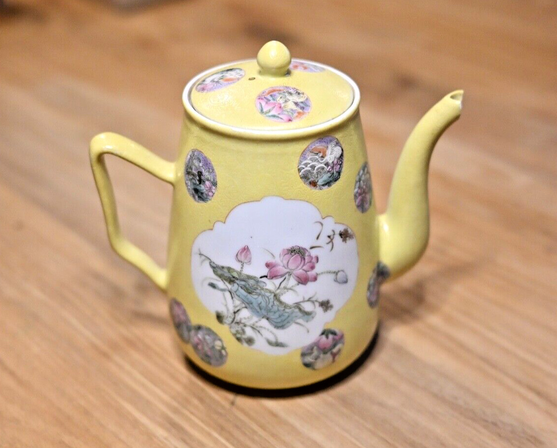 Antique Early 20th Century Yellow Chinese Famille Rose Teapot, JuRenTang Mark