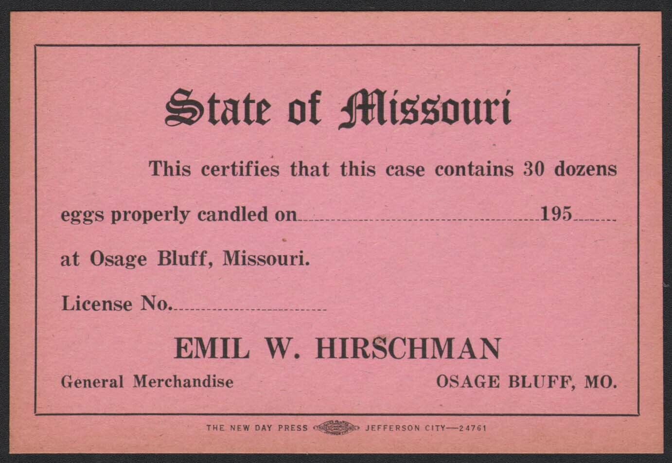 Vintage egg card EMIL W HIRSCHMAN 1950s Osage Bluff Missouri new old stock nrmt