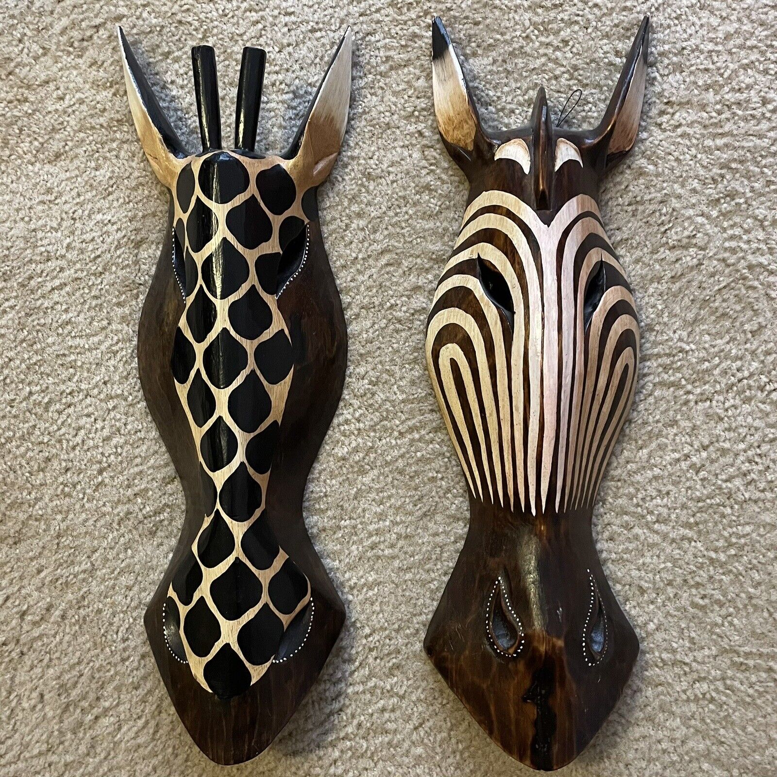 Set of 2 Wooden Tribal Giraffe Zebra Mask Hand Carved Wall Plaque Hanging