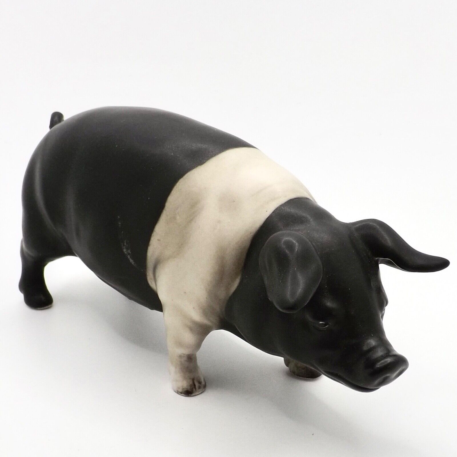 Ceramic Pig Hog Figurine Farm Animal Black and White Vintage 7in