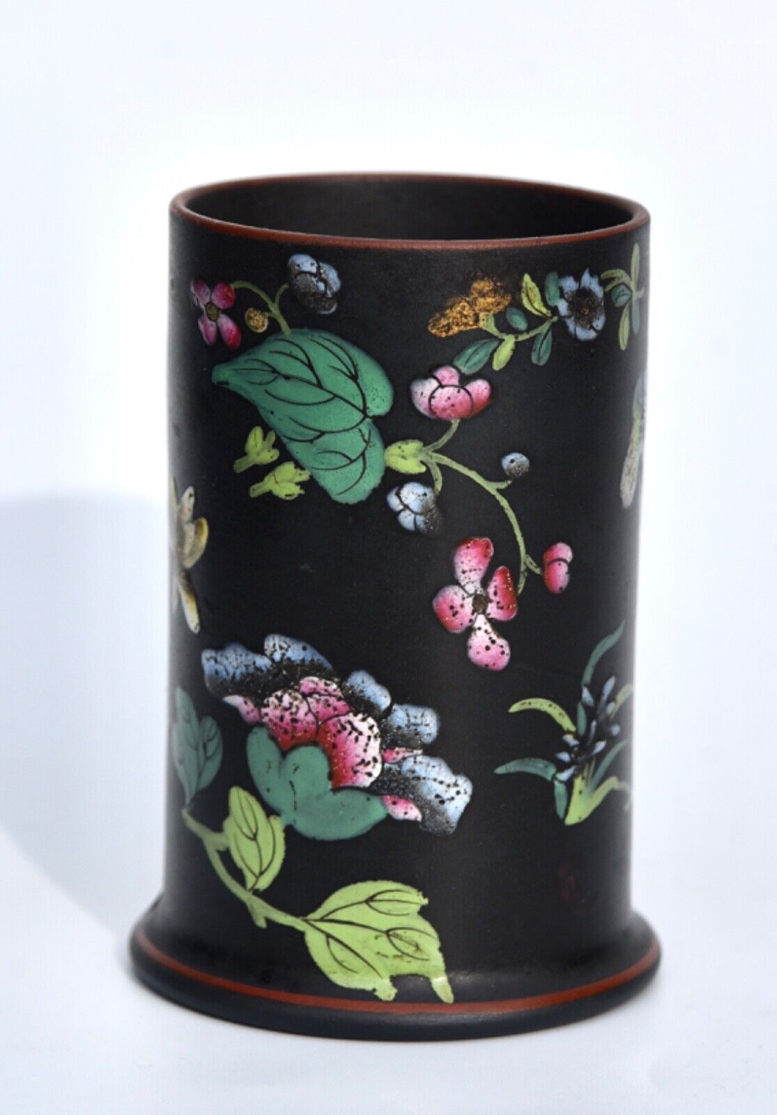 19th Century Wedgwood Basalt Vase Poly Chrome Enamel Chinese Flowers (8.9cm)